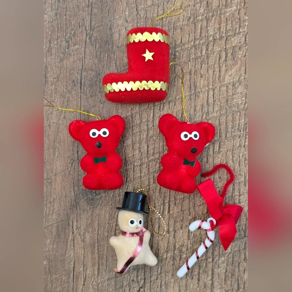 Lot of 4 Vintage Miniature Flocked Christmas Ornaments Bear Snowman Boot